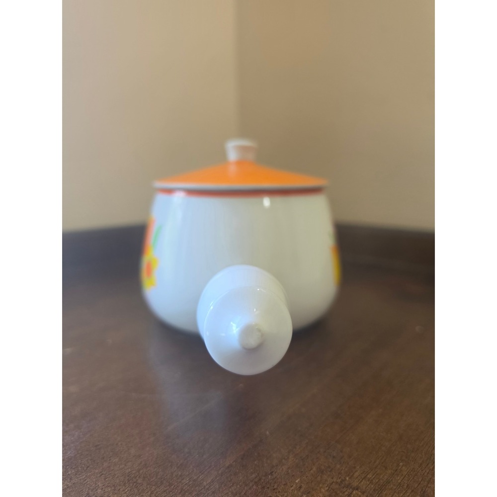 Vintage 1970s Floral Oven Proof Stoneware Pot with Orange Lid & Handle - Retro - Picture 6 of 15